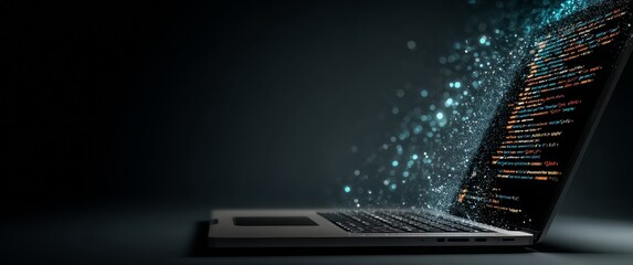 Laptop screen is lit up with a colorful display of code. Concept of creativity and innovation