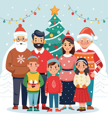Fototapeta premium Christmas Family. Vector cartoon flat illustration of parents, grandparents, and children in cozy outfits, Santa and Christmas hats, standing together. Isolated on a background with a Christmas tree