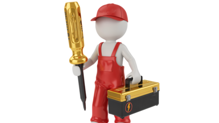 Skilled technician with golden screwdriver and toolbox ready for repair