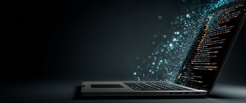 Laptop screen is lit up with a colorful display of code. Concept of creativity and innovation