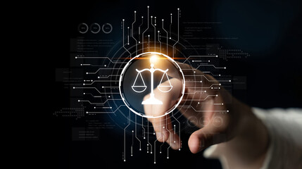 Futuristic digital law interface displaying justice scale, highlighting digital law, AI compliance,...