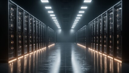 Obraz premium Long hallway with rows of computer servers lit up. Scene is industrial and futuristic
