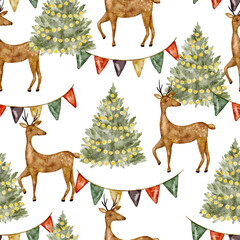 Watercolor seamless pattern of deer, trees and festive flags.