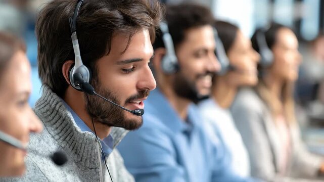 Support agents working diligently at a communication call center providing exceptional customer service during peak hours