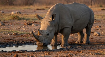 Fototapeta premium Magnificent rhinoceros quenching its thirst in the golden african sunset