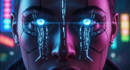 Futuristic vision of digital transcendence, cybernetic beauty in a neon-lit metropolis landscape