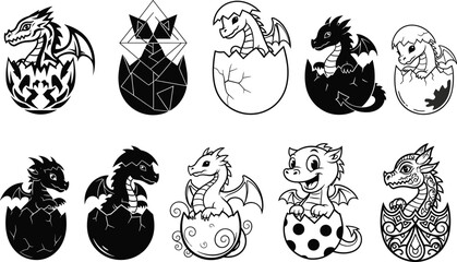 Cute baby dragon hatching from egg set, black and white vector icons for fantasy, game, tattoo, logo, and kids design themes.