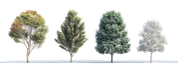 Four trees in different seasonal foliage against a white background