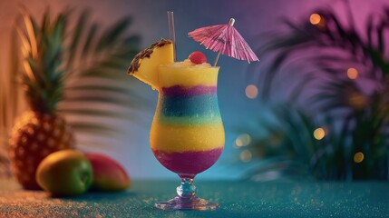 a beautifully styled mango drink with colorful cocktail layers served in a tiki glass with a festive umbrella