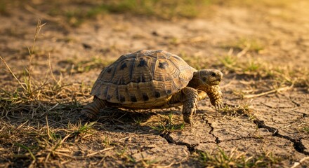 Obraz premium Close-up of a Small Tortoise Walking on Dry, Cracked Ground under Sunlight