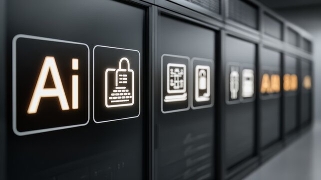 Series of black and white icons with the word AI in white. The icons include a keyboard, a laptop, a mouse