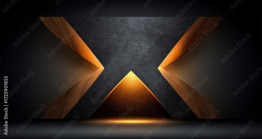 Poster the image is a black and white photo of a large x with a gold border. the x is made up of two triang