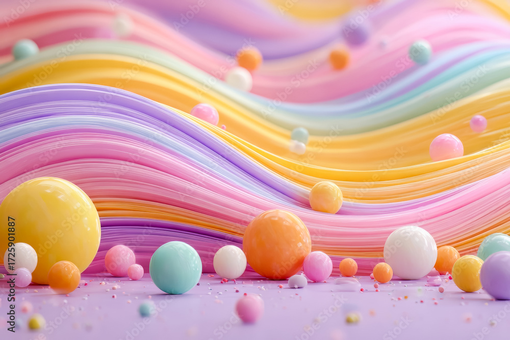 Poster the image is a colorful and vibrant display of various colored balls scattered across a purple backg