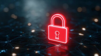 Neon red padlock symbolizing cybersecurity on a digital background - Powered by Adobe
