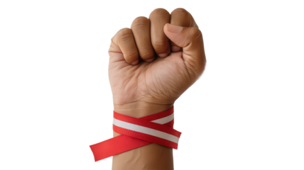 Raised fist with red ribbon symbol of solidarity awareness for AIDS and HIV support