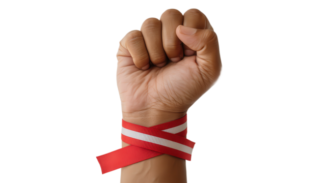 Raised fist with red ribbon symbol of solidarity awareness for AIDS and HIV support