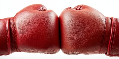 Two boxing gloves are shown in a close up. The gloves are red and have a rough texture