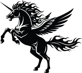 Powerful winged unicorn vector illustration, majestic flying horse with fiery mane and tail, symbolizing strength, magic, and mythical fantasy.