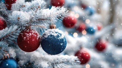 red and blue ornaments decorate a snowy christmas tree creating a festive atmosphere with twinkling lights and soft colors
