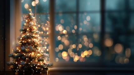 serene christmas tree glowing with light in dark room creates cozy holiday feeling festive indoor decoration sits near window with blurry bokeh background