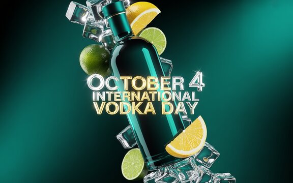 Cool vodka bottle, ice cubes, citrus celebrate International Vodka Day.