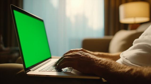 Hands on a laptop with a blank green screen mockup conveying adaptable workspace design for app presentation user interface testing and content placement.
