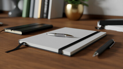 Silver pen on a white notebook with a black pen and notebook on a desk