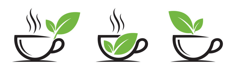 Herbal Tea Cup Vector Icon with Green Leaves 