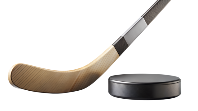 Hockey stick and puck isolated on transparent background, a classic combination for ice hockey, symbolizing the thrill and excitement of the game