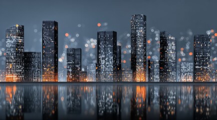 Naklejka premium City skyline with a reflection of the buildings in the water. The city is lit up at night, creating a moody