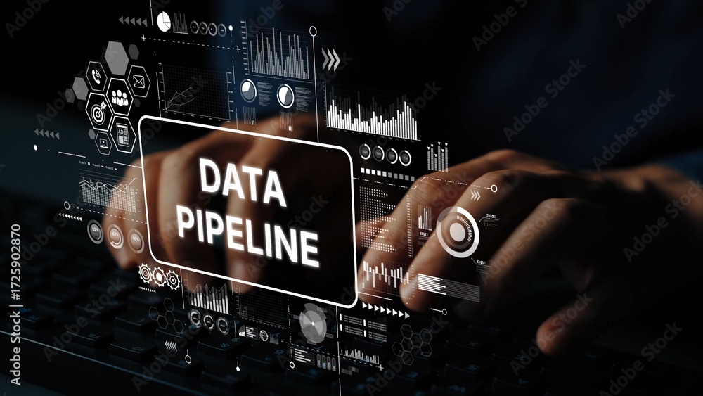 Poster hands typing on keyboard with data pipeline graphics for technology and analytics representations in