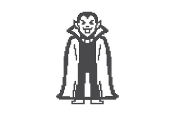 Pixelated vampire with pale skin stands smiling in his classic cape and attire
