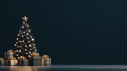 minimalist christmas tree with golden gifts on dark background banner for party or new year with copy space