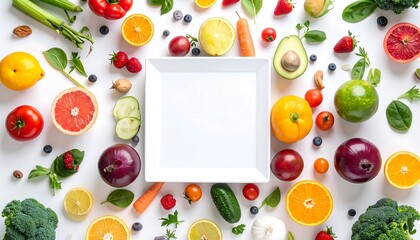 Vibrant Fresh Fruits and Vegetables Surround Empty Plate