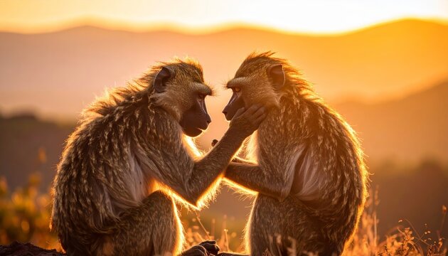 Baboon bonding time at sunset, showcasing affection and care in the wild - Powered by Adobe