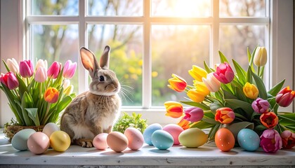 Easter Bunny with Colorful Tulips and Eggs by Sunny Window
