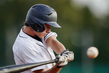 A baseball player is swinging a bat at a ball