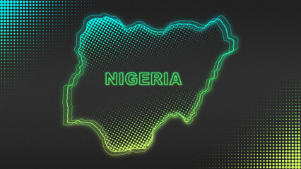Neon Blue-Yellow Nigeria Map Outline Futuristic Glow Halftone Illustration © Aiva