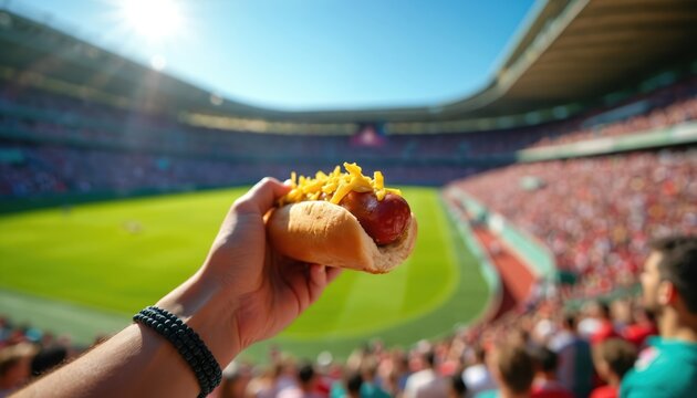 Person holds a hot dog topped with mustard relish, capturing excitement of a sports game in an outdoor stadium. Cheering fans fill the arena on a bright day. Summer event, family fun, stadium food.