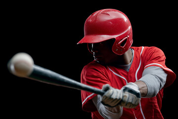 A baseball player in a red uniform swings a bat at a ball