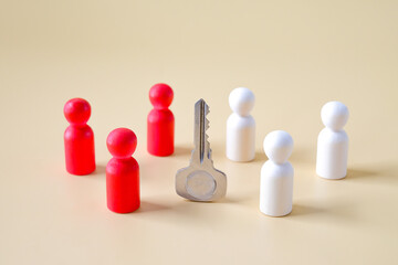 Wooden figure standing circle around the key.Business , teamwork, team spirit.