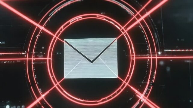 Abstract envelope icon with digital red lines on dark background  