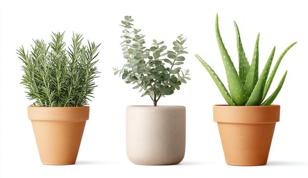 Three potted plants against white background. Rosemary, eucalyptus, and aloe vera in terracotta and light gray pots - Powered by Adobe