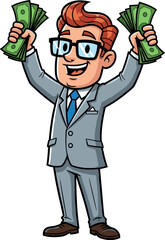 Cartoon businessman in suit holding cash, celebrating financial success, wealth, profit, earnings, money growth, investment, and economic achievement.