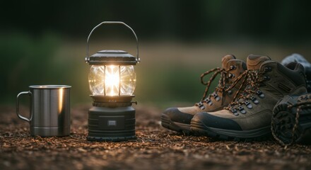 Camping Essentials, Glowing Lantern, Hiking Boots, and a Warm Drink in Nature