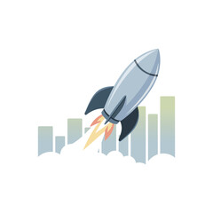 A cartoon rocket launching over a rising bar graph symbolizes business growth and startup success.