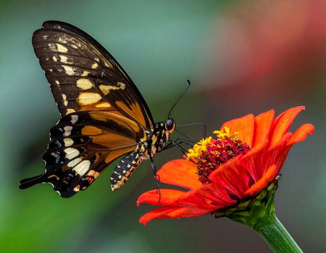 A large butterfly with black, orange, and yellow wings feeds on a vibrant red flower against a blurred green background
