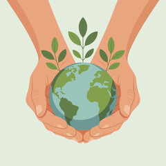 Hands gently cradle the Earth with sprouting green plants, symbolizing environmental care and global sustainability.