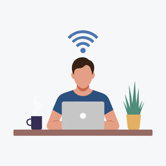 A person works remotely on a laptop with Wi-Fi connectivity, a coffee mug, and a plant on their desk.