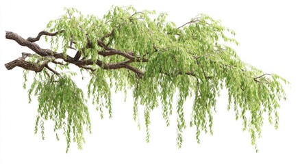 A branch with lush green leaves hangs gracefully